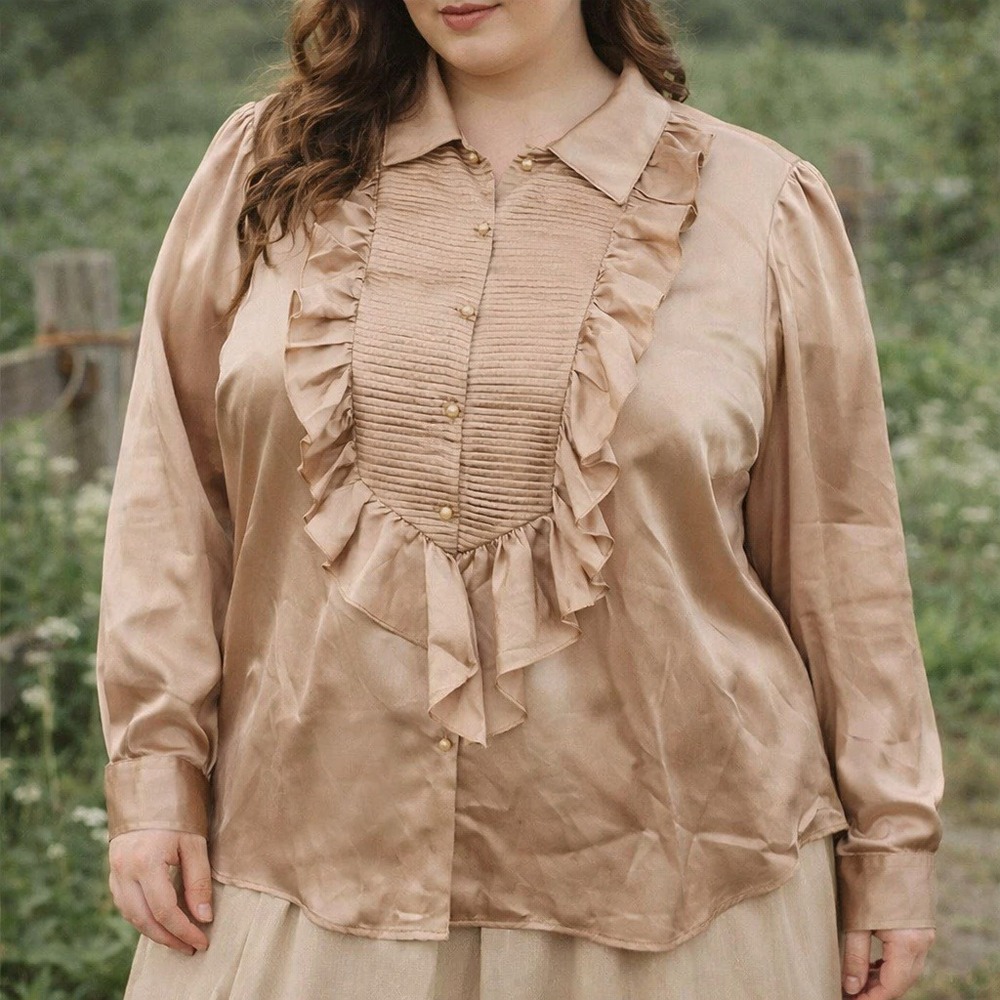 Vintage Randolph Duke Silk Ruffle Blouse Pleated Bib Front Champaigne Womens 18W
